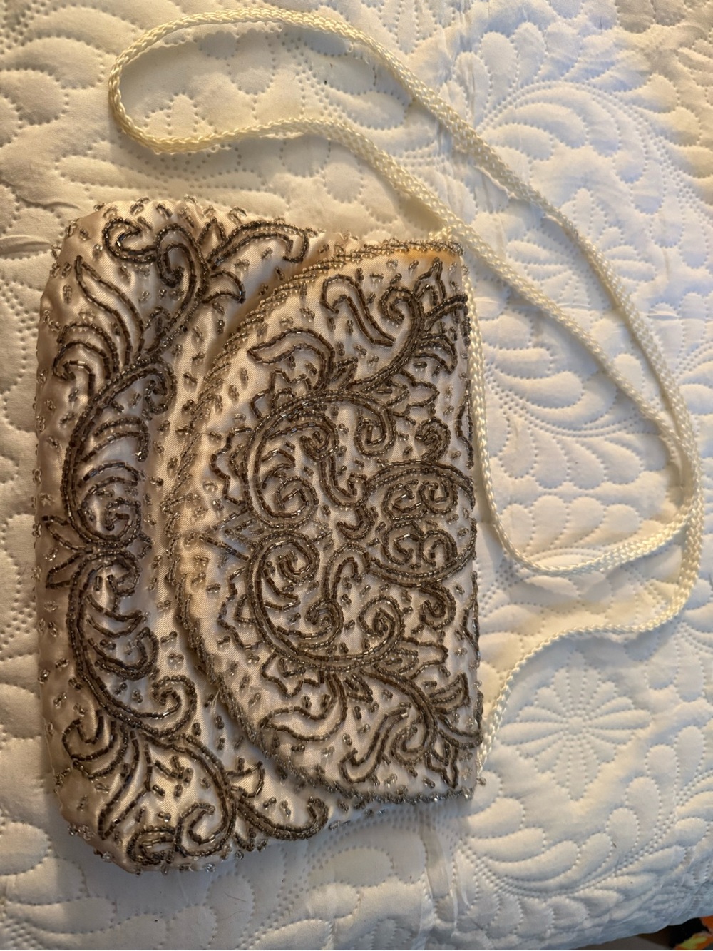 Beaded Ivory Evening Crossbody Bag with Bronze and gold Embroidery
